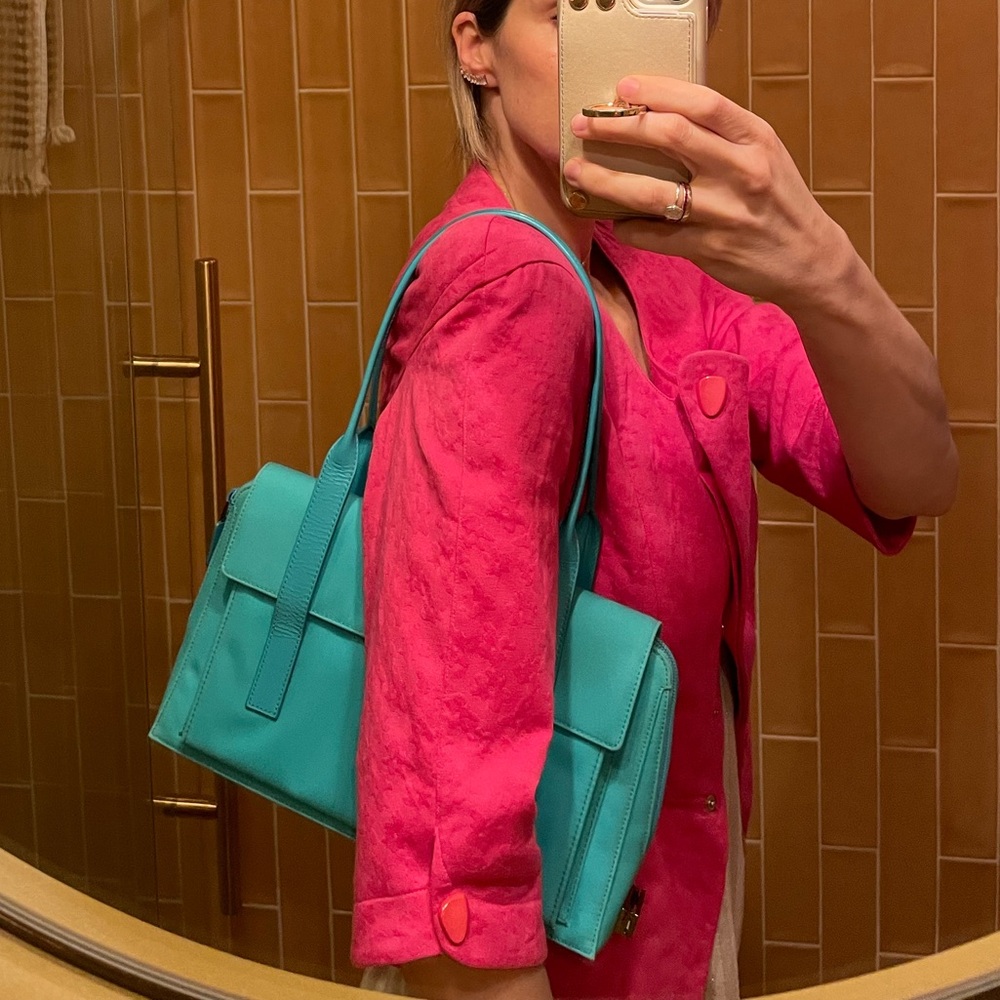 Gucci Turquoise Blue Fabric Handbag with Leather Straps and Gunmetal Hardware - Picture 13 of 16